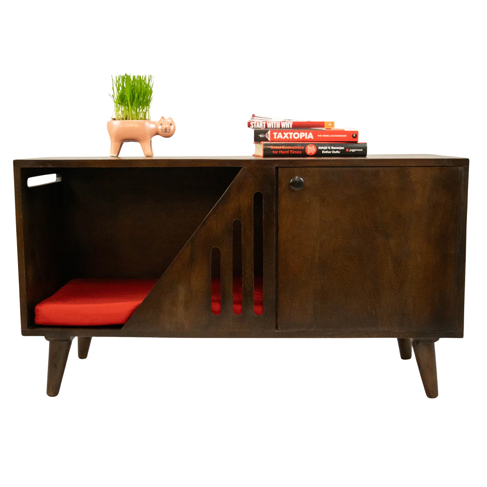 FurryLiving Benji Cabinet with Cushion for Small Dogs and Cats (Dark Brown/Red Cushion) - Image 5