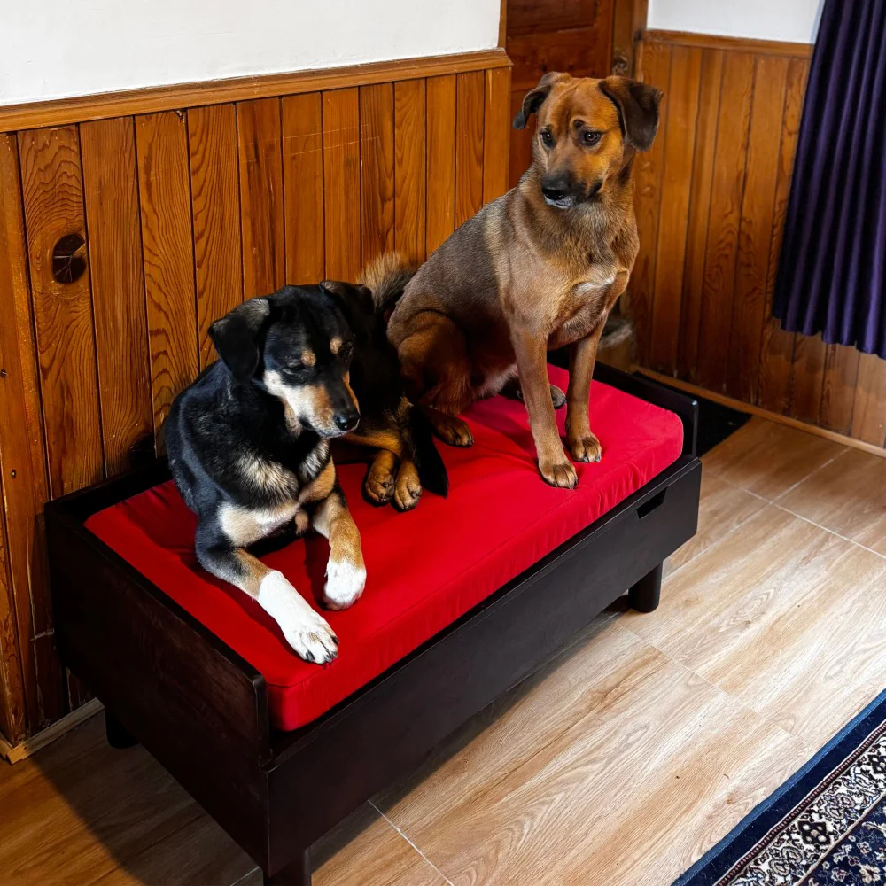 FurryLiving Hibachi Bed with Storage for Dogs (Dark Brown/Red Cushion) - Image 2