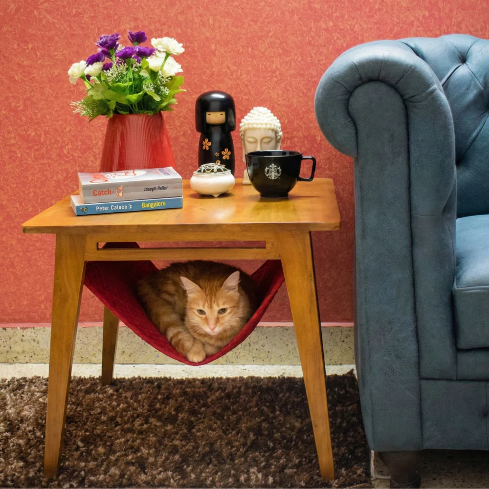 FurryLiving Lola Side Table with Perch Fabric for Cats (Honey/Red) - Image 2
