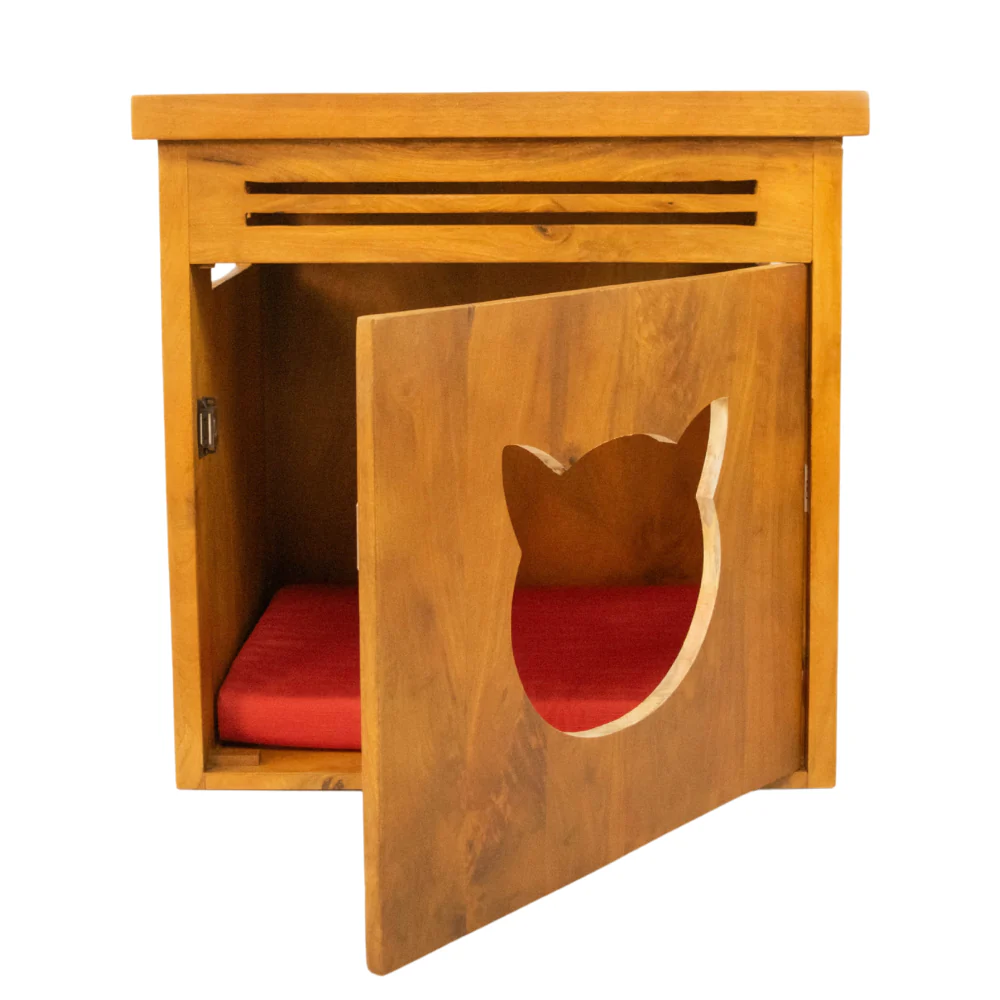 FurryLiving Meraki Cabinet with Cushion for Small Dogs and Cats (Honey/Red Cushion) - Image 3