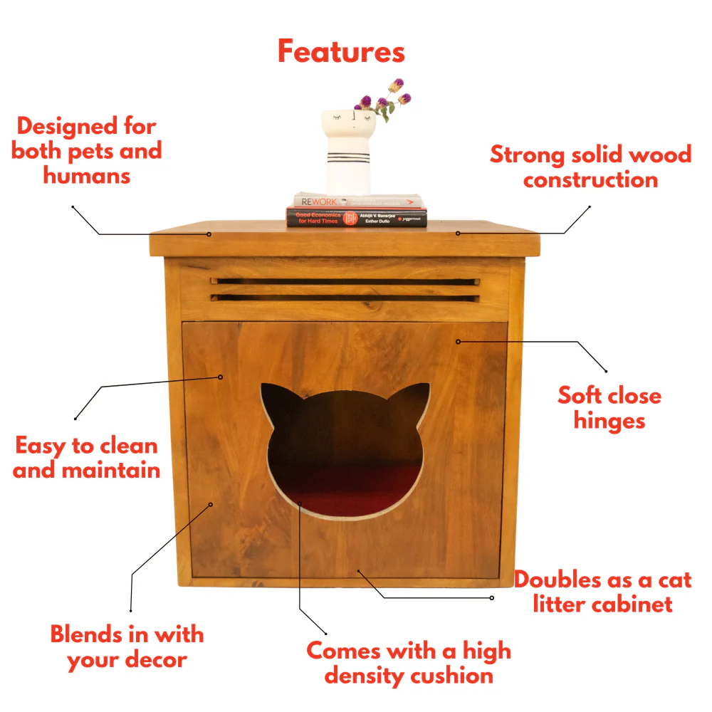 FurryLiving Meraki Cabinet with Cushion for Small Dogs and Cats (Honey/Red Cushion) - Image 4