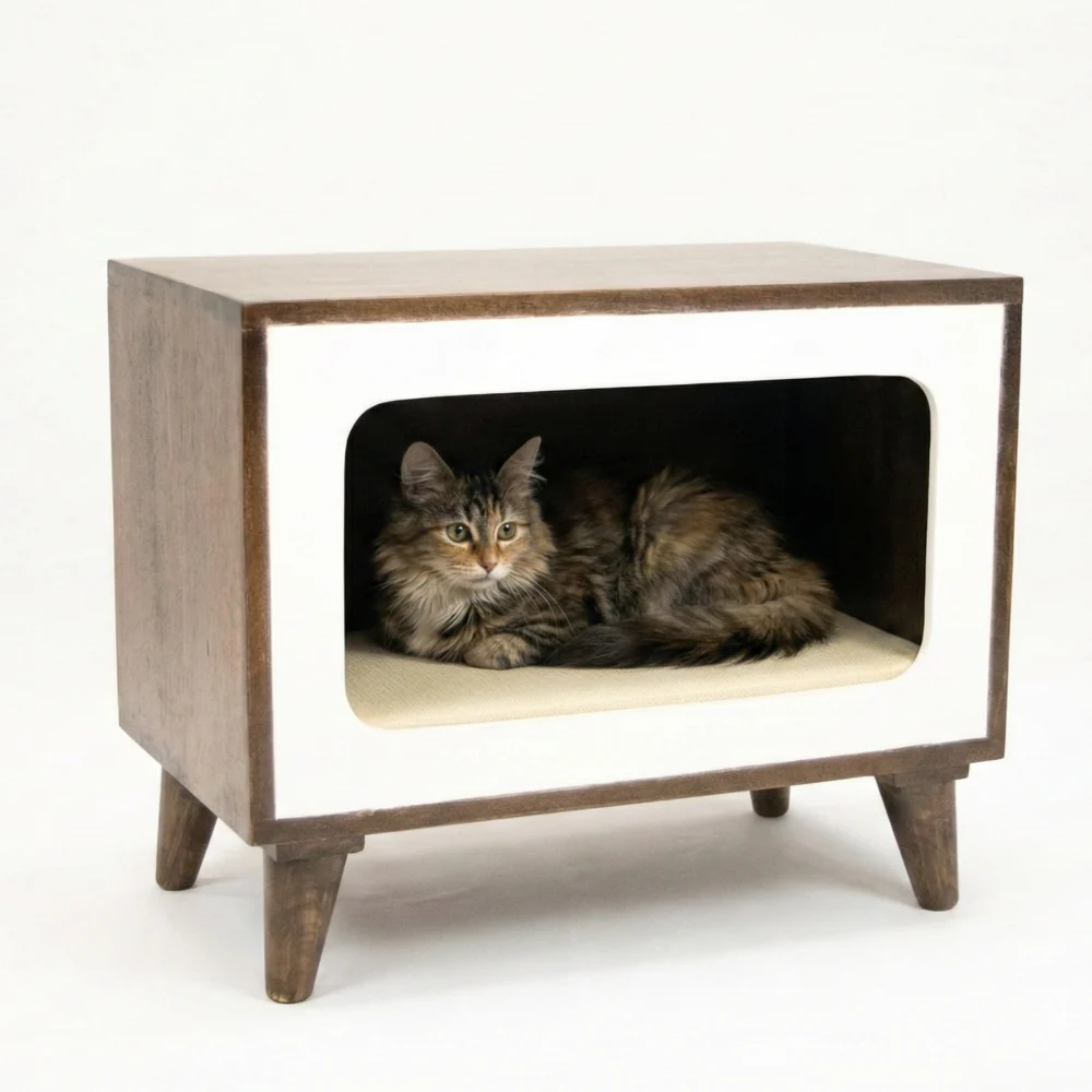 FurryLiving Telly Side Table with Cushion for Small Dogs and Cats (Dark Brown/Cream Cushion) - Image 2