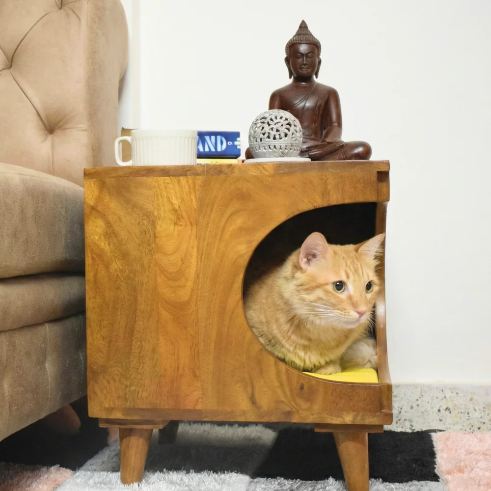 FurryLiving Wally Side Table with Cushion for Small Dogs and Cats (Honey/Yellow Cushion) - Image 2