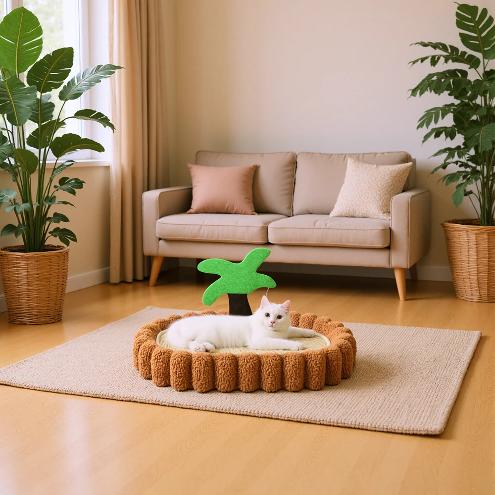 FurryLiving Aloha Bed & Scratcher Mat with Ball Toy for Cats(Brown) - Image 2