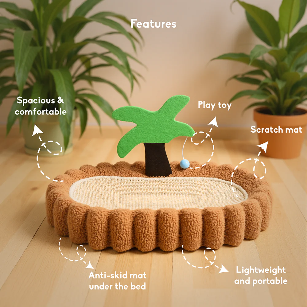 FurryLiving Aloha Bed & Scratcher Mat with Ball Toy for Cats(Brown) - Image 3