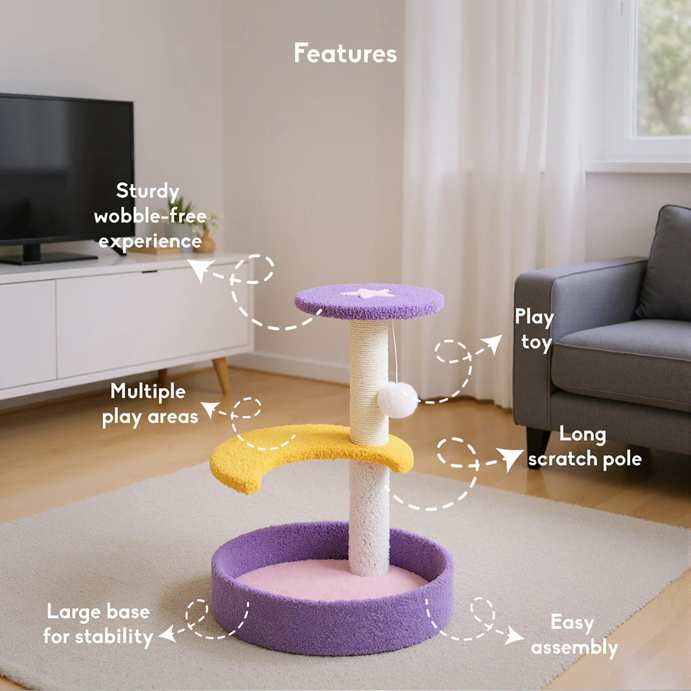 FurryLiving Astra 3Level Cat Tree for Cats & Kittens with Scratching Post and Hanging Toy for Cats - Image 3