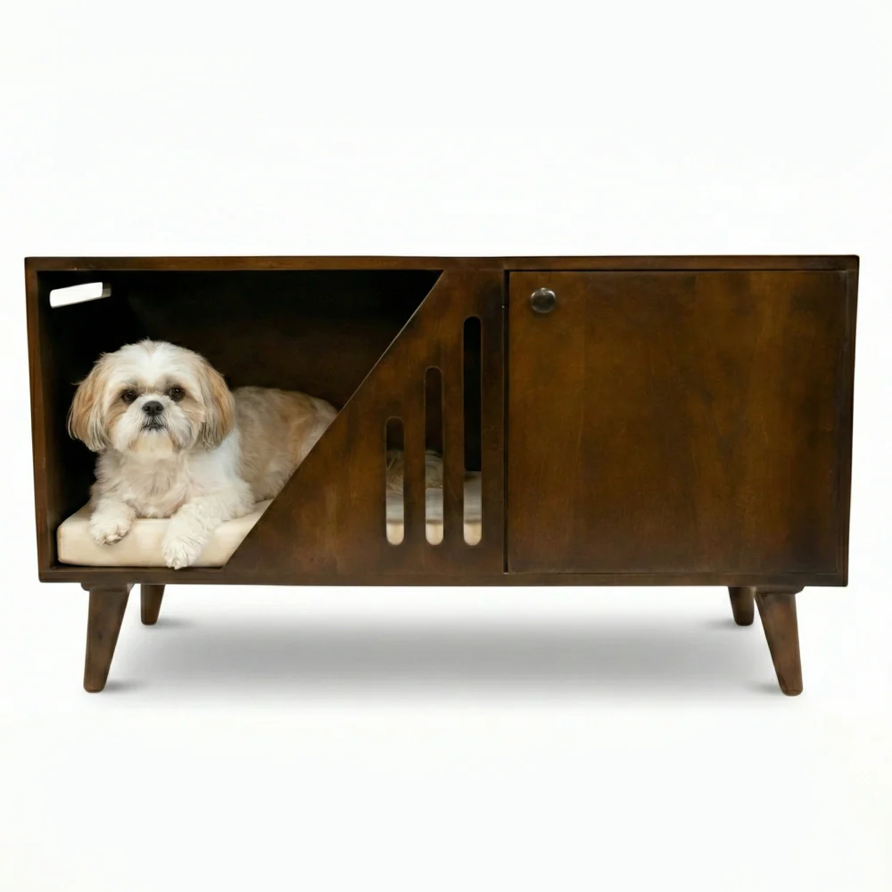 FurryLiving Benji Cabinet with Cushion for Small Dogs and Cats (Dark Brown/ Cream Cushion)