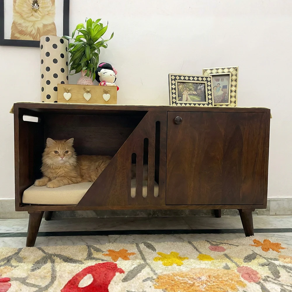 FurryLiving Benji Cabinet with Cushion for Small Dogs and Cats (Dark Brown/ Cream Cushion) - Image 2
