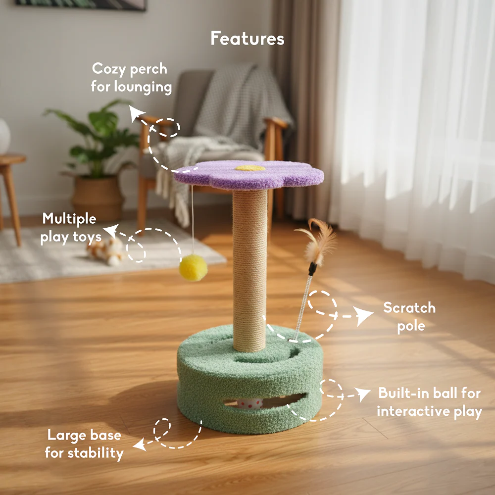 FurryLiving Bloom Multi Level Cat Tree Scratcher 3 in 1 Interactive Toy Tower for Cats - Image 3