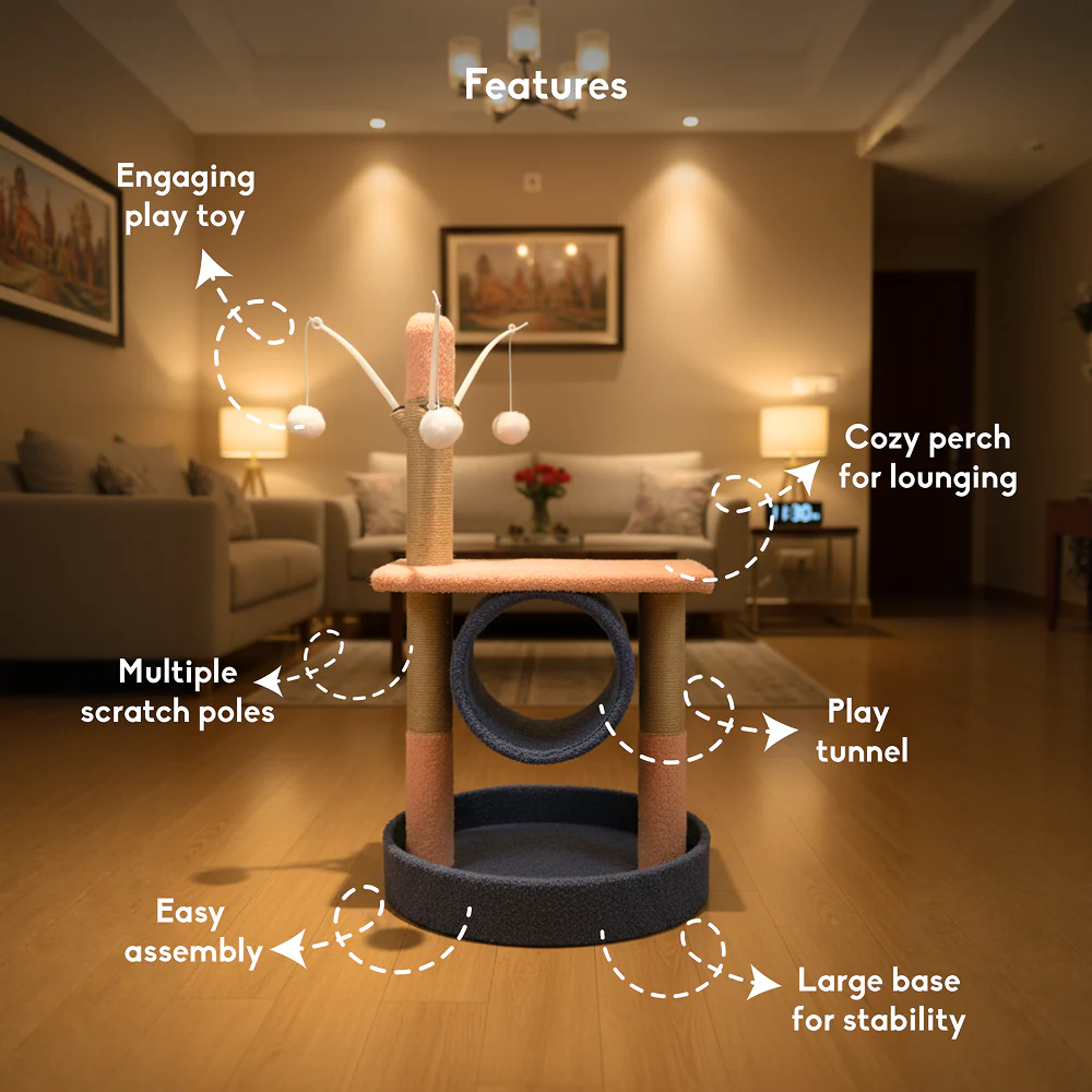FurryLiving Canyon Multi Level Cat Tree with Tunnel, Toys and Scratching Post for Cats and Kittens - Image 3