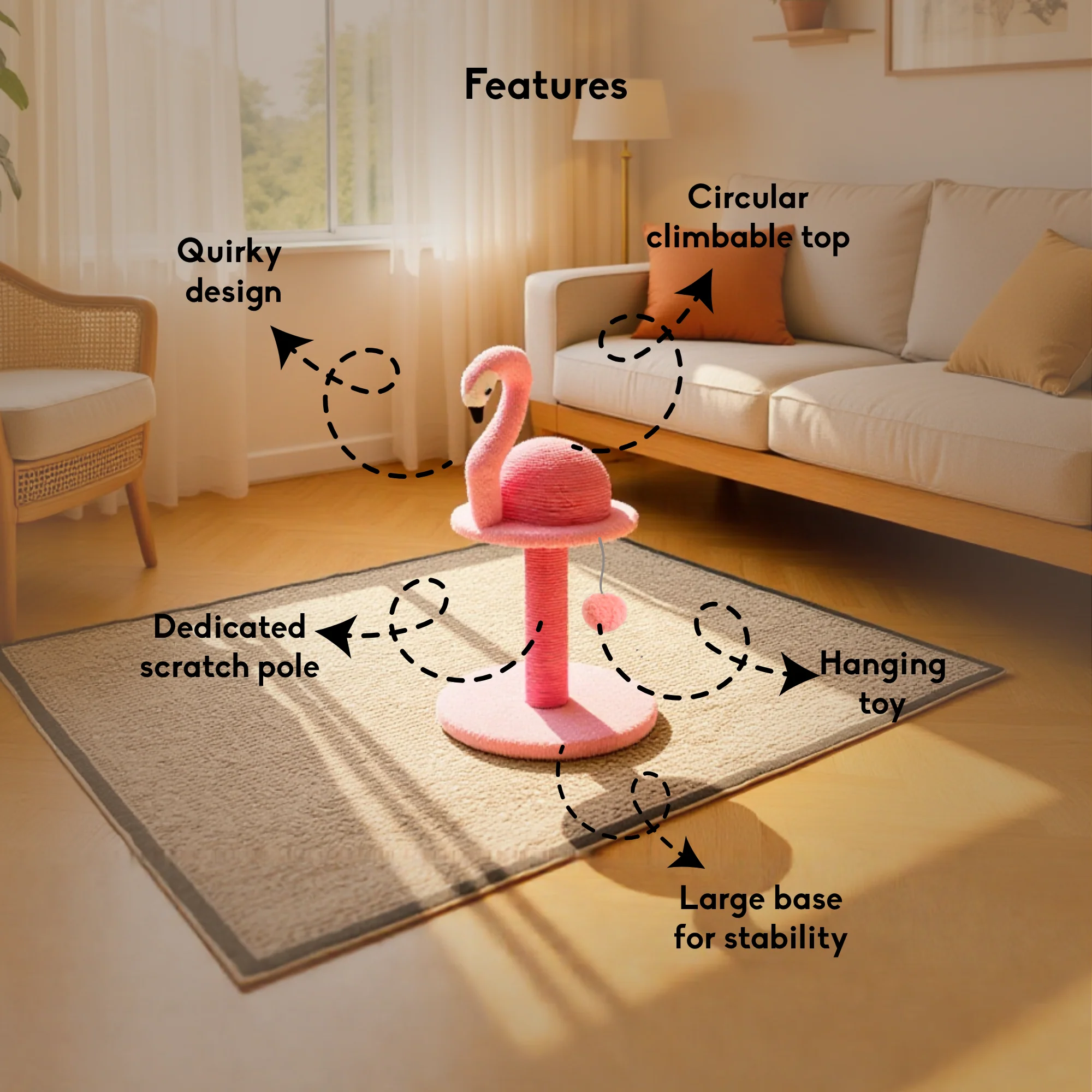 FurryLiving Flamingo Cat Scratching Post Scratcher with Hanging Ball Toy - Image 2
