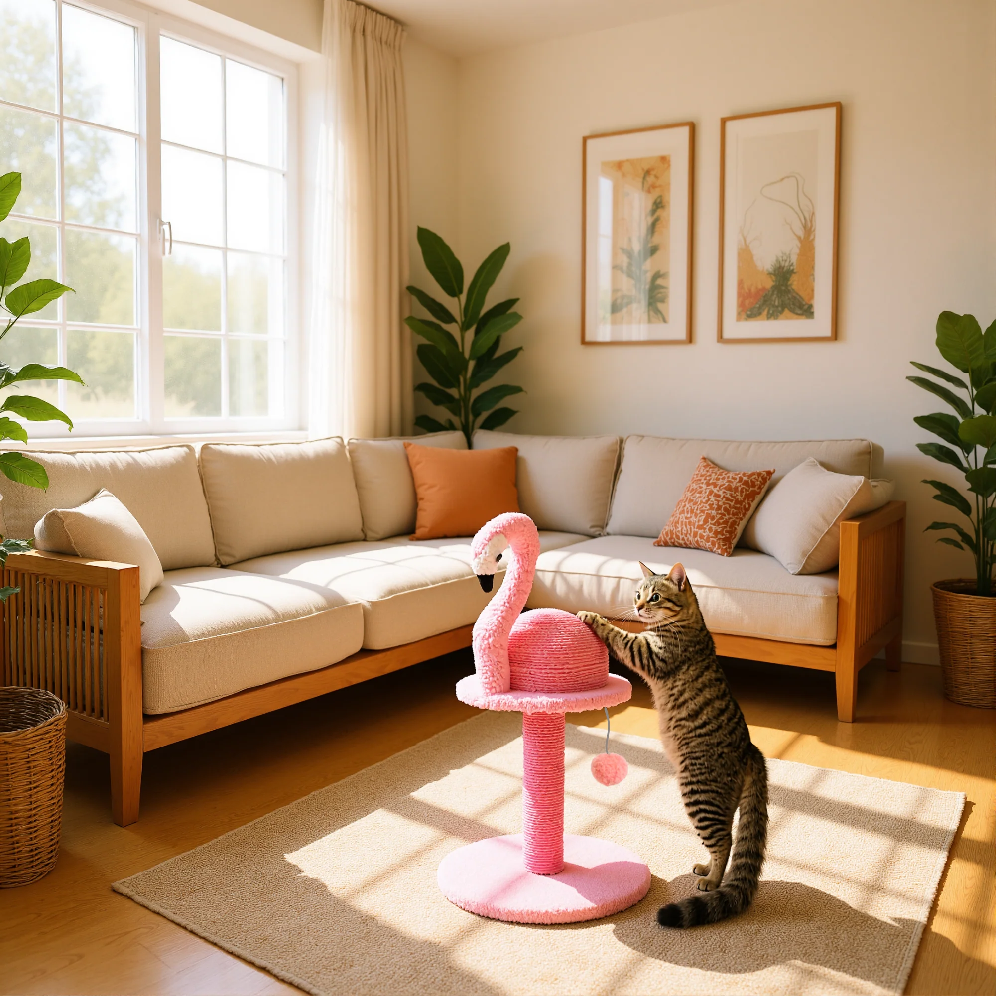 FurryLiving Flamingo Cat Scratching Post Scratcher with Hanging Ball Toy - Image 3