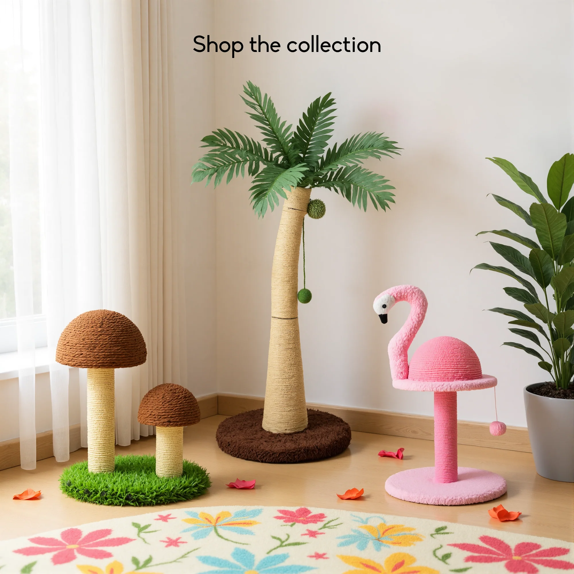 FurryLiving Flamingo Cat Scratching Post Scratcher with Hanging Ball Toy - Image 5