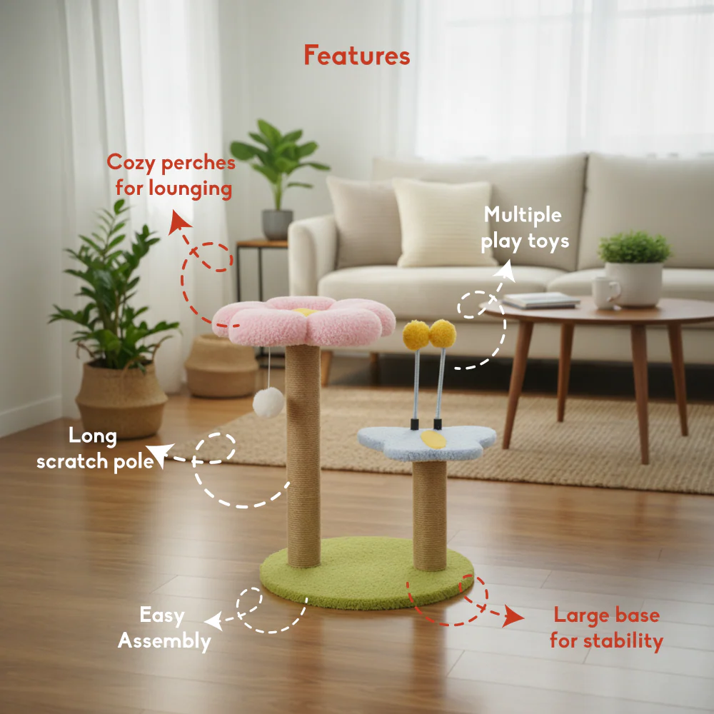 FurryLiving Meadow Flower Multi Level Cat Tree Scratching Post & Interactive Toys for Cats and Kittens - Image 3