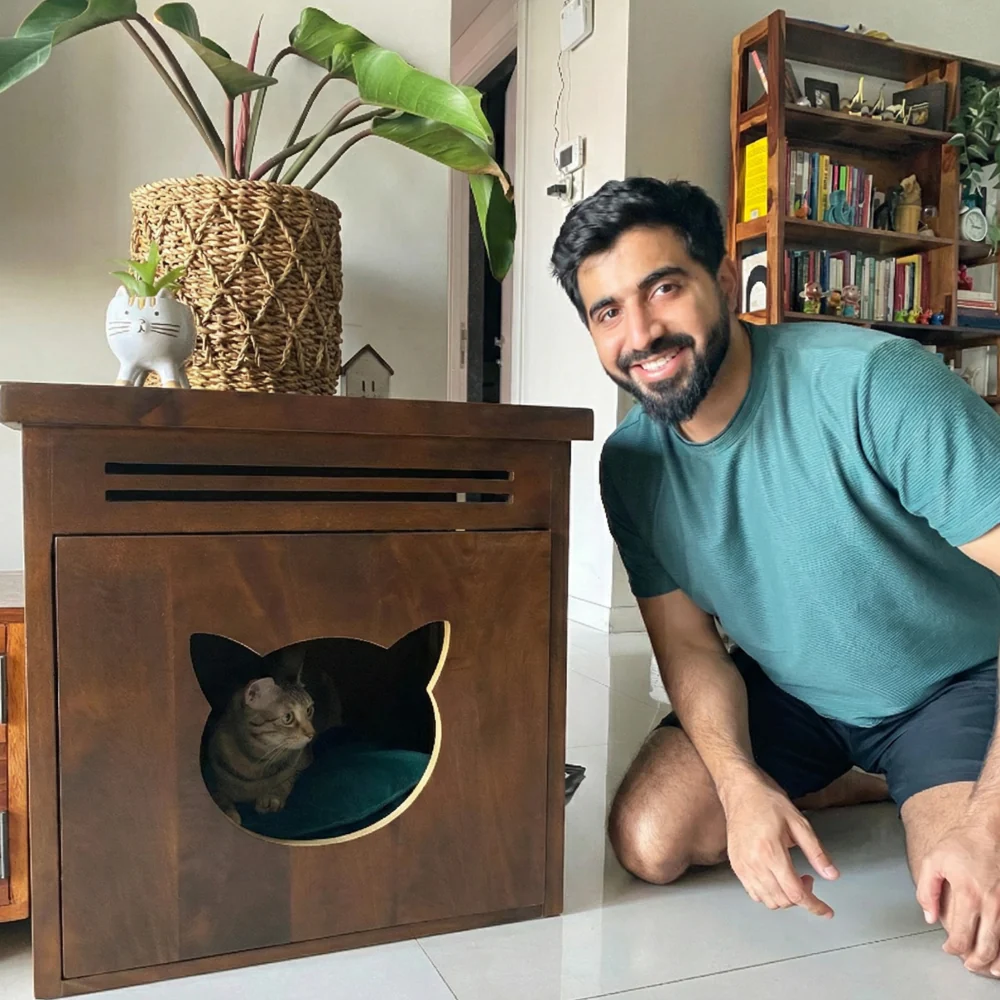 FurryLiving Meraki Cabinet with Cushion for Small Dogs and Cats (Dark Brown/ Red Cushion) - Image 2