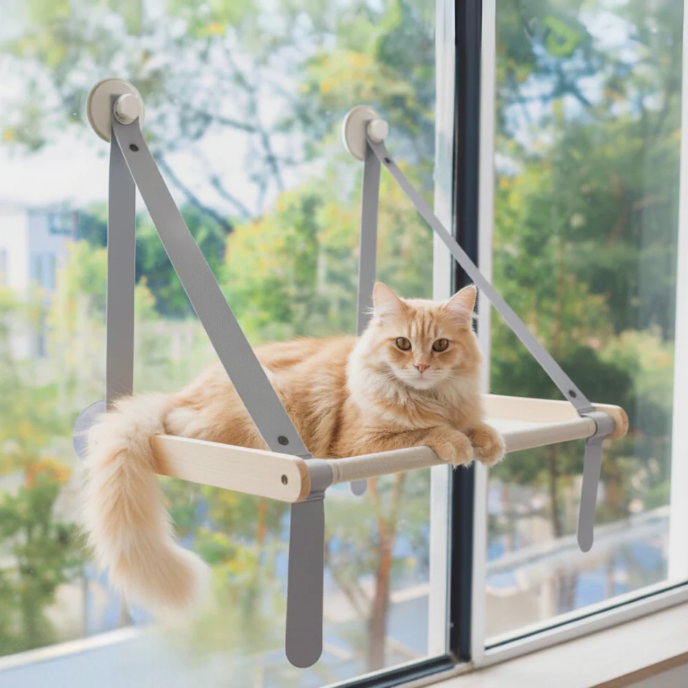 FurryLiving Mimi Window Perch & Hammock Foldable Hanging Bed with Suction Cup Mount for Cats (Oak/Grey) - Image 2