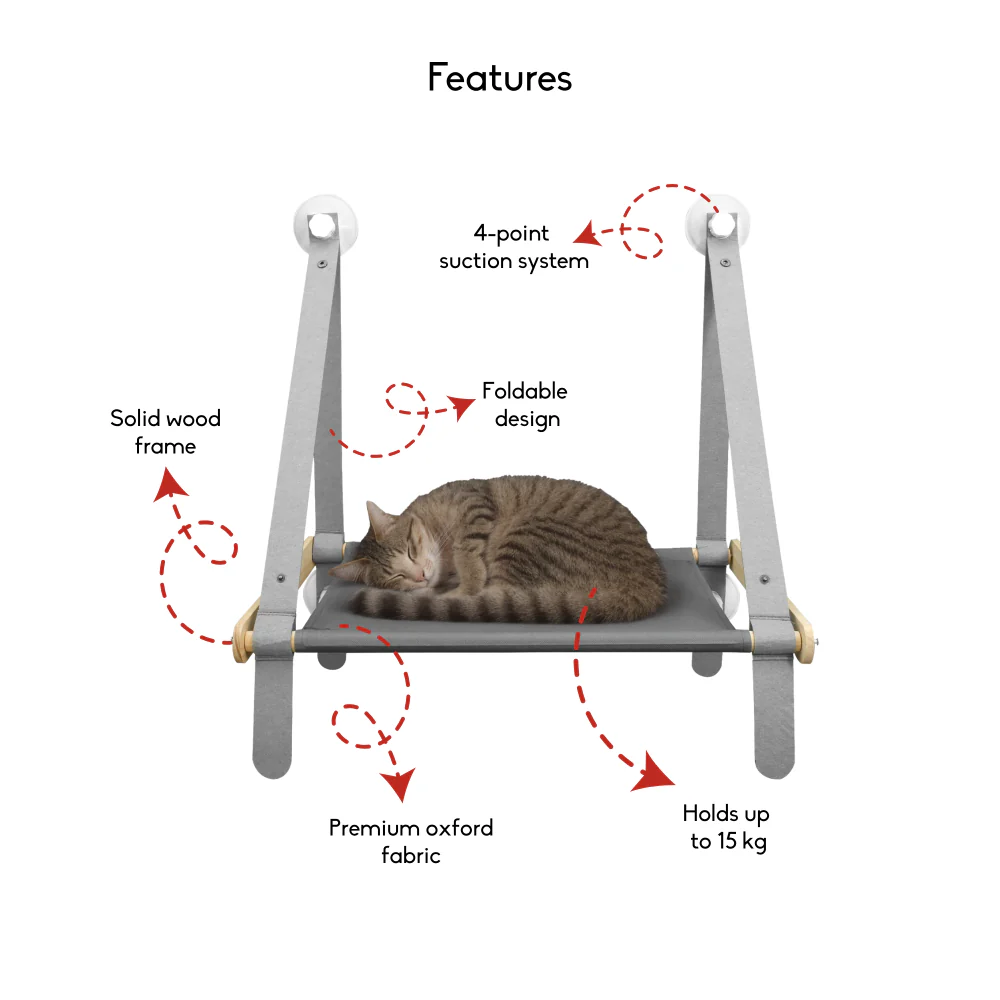 FurryLiving Mimi Window Perch & Hammock Foldable Hanging Bed with Suction Cup Mount for Cats (Oak/Grey) - Image 3