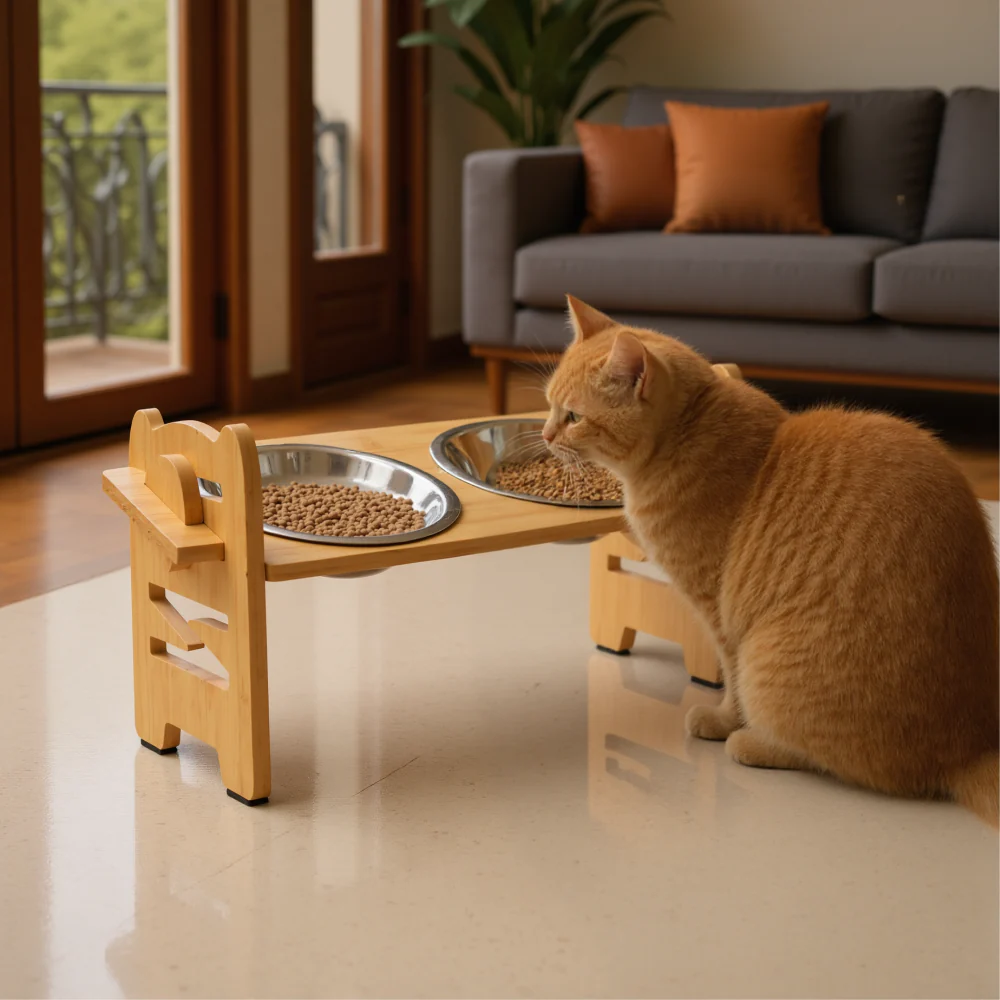 FurryLiving Modo Elevated Adjustable Bamboo Pet Feeder with 2 Bowls for Dogs and Cats - Image 2