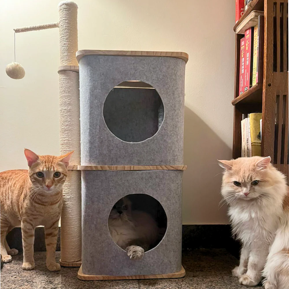 FurryLiving Nara Dual-Level Felt Condo with Scratch Pole & Hanging Toy Cat Tree - Image 2