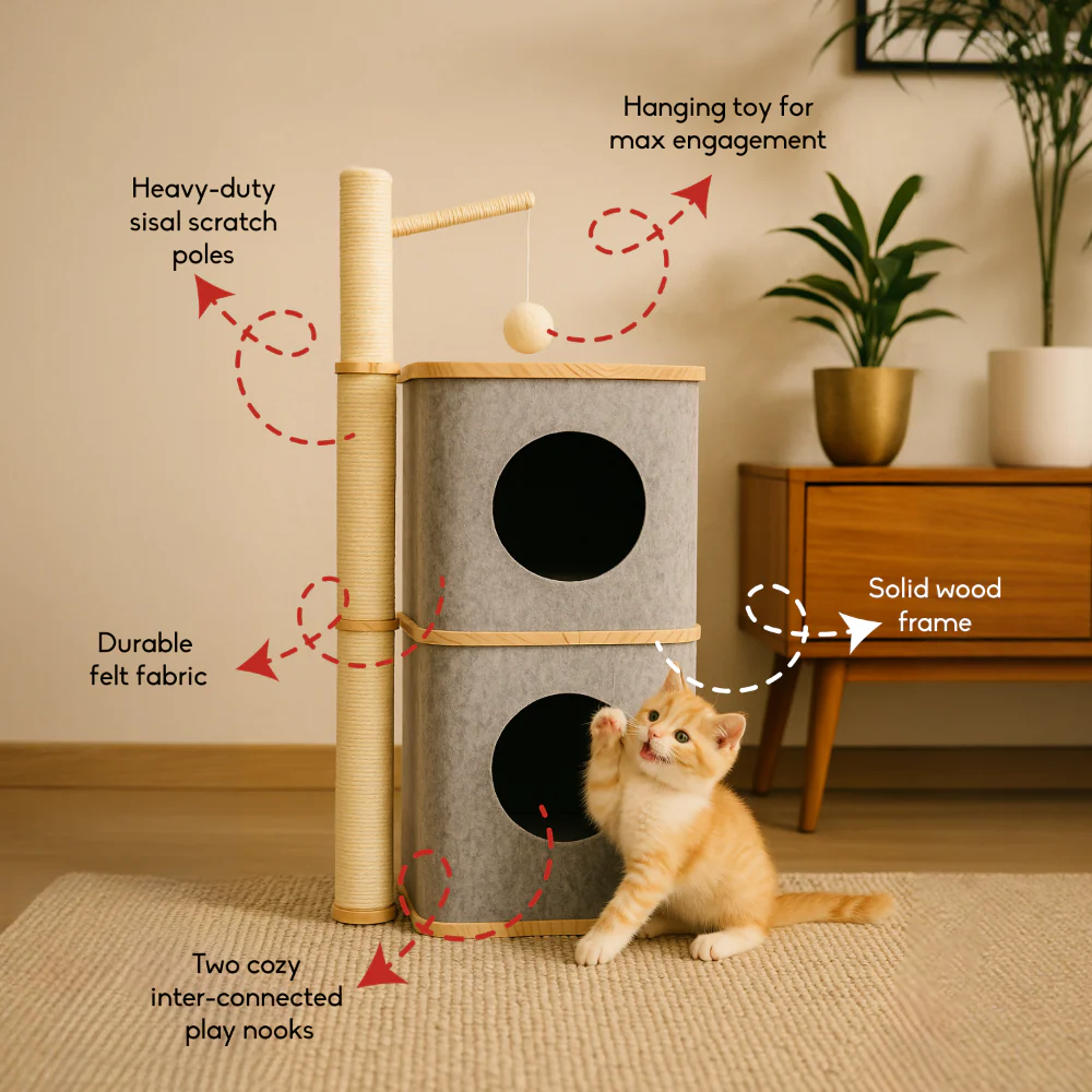 FurryLiving Nara Dual-Level Felt Condo with Scratch Pole & Hanging Toy Cat Tree - Image 4