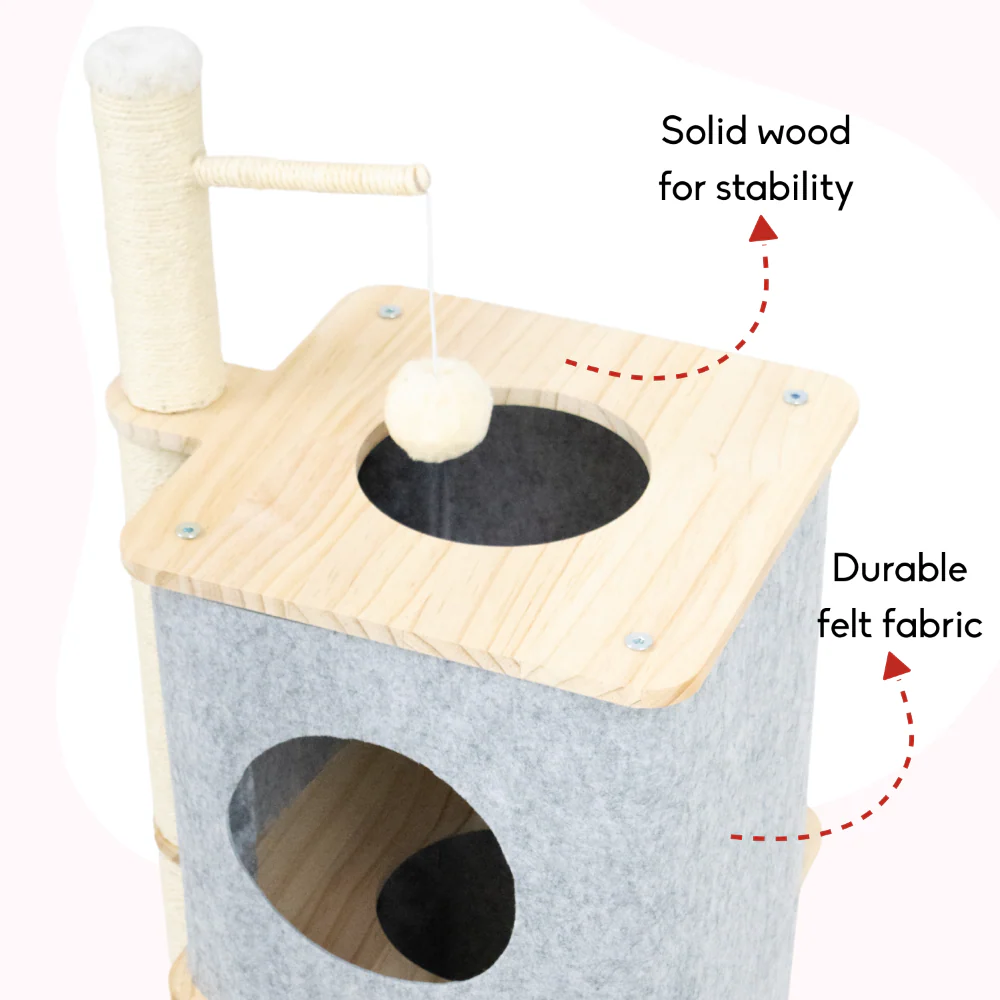 FurryLiving Nara Dual-Level Felt Condo with Scratch Pole & Hanging Toy Cat Tree - Image 5