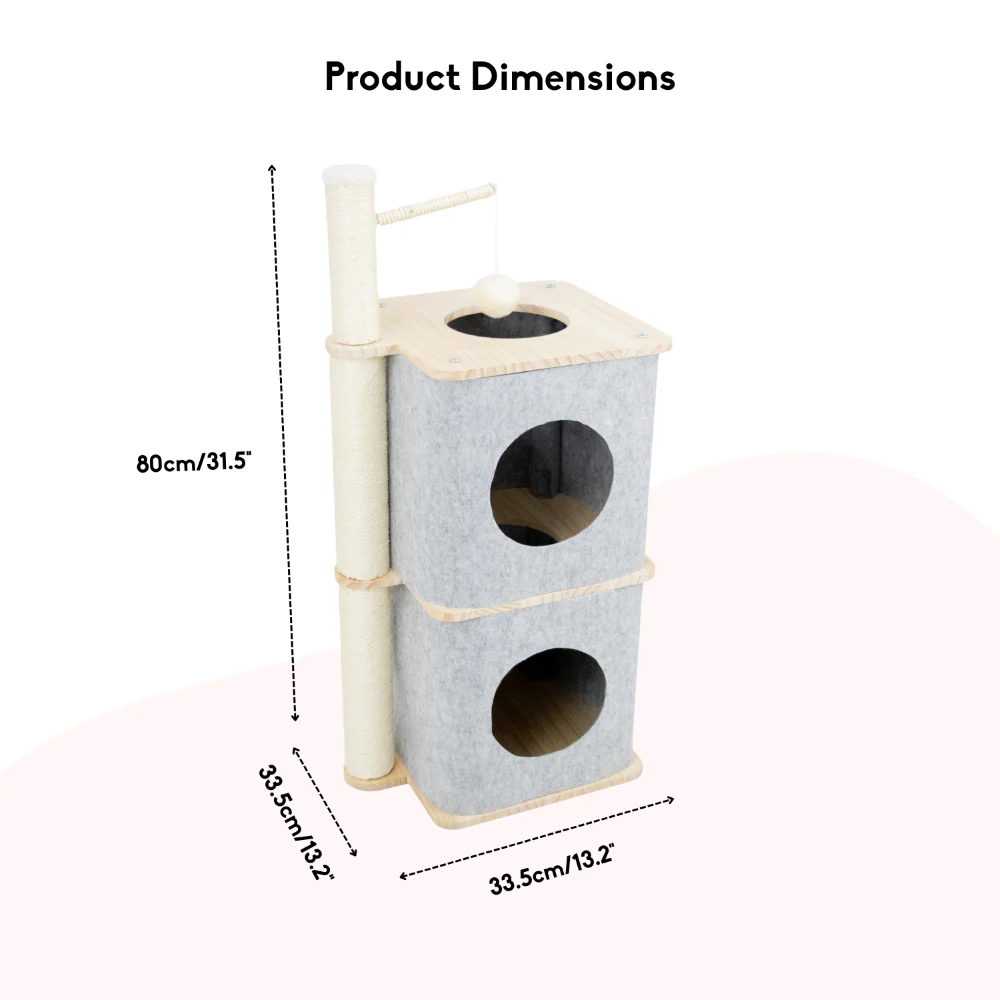 FurryLiving Nara Dual-Level Felt Condo with Scratch Pole & Hanging Toy Cat Tree - Image 6