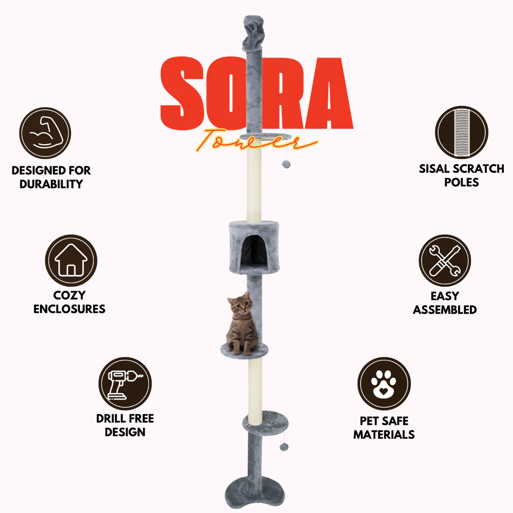 FurryLiving Sora Adjustable Floor to Ceiling with Scratching Posts, Condo and Hanging Toy Cat Tree - Image 3
