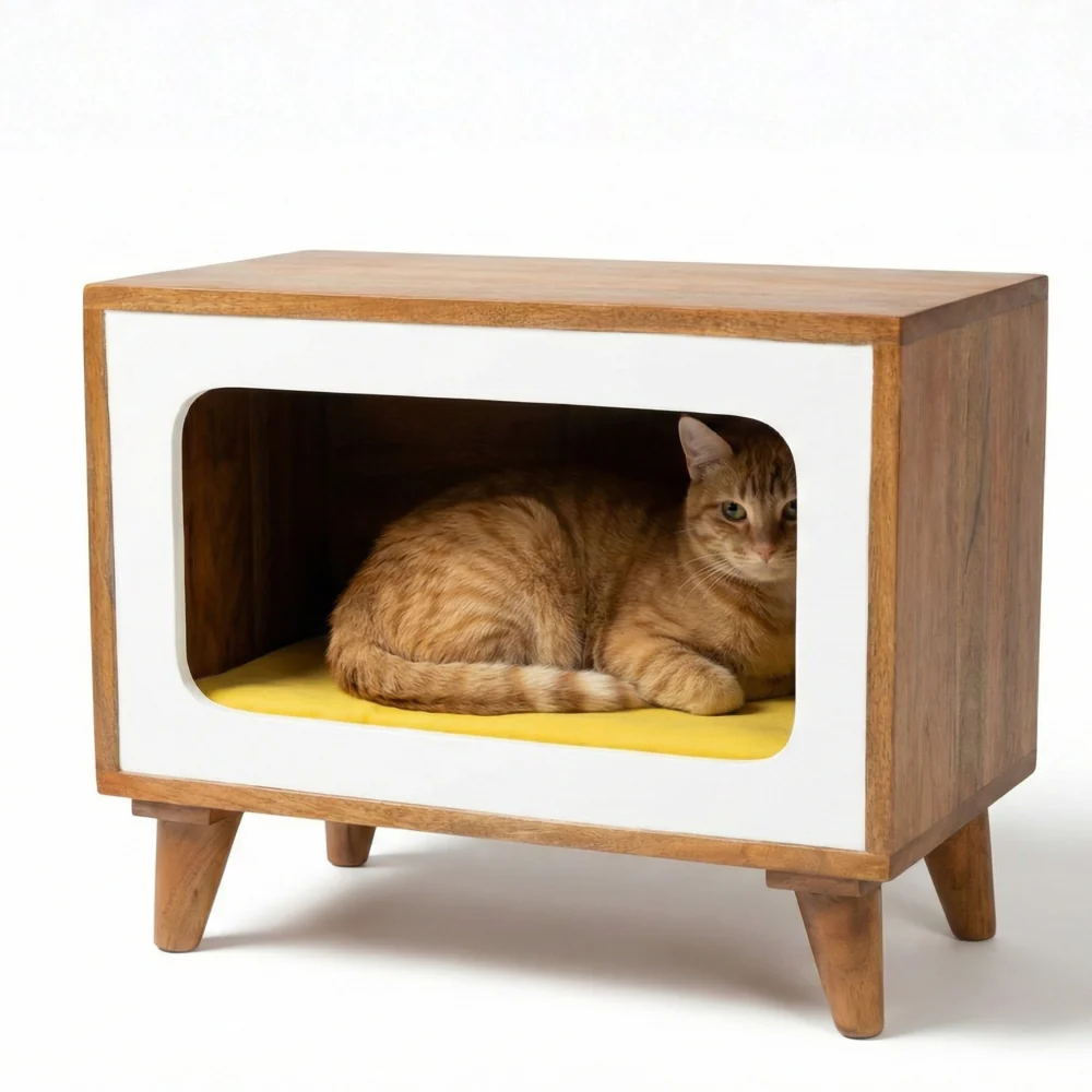FurryLiving Telly Side Table with Cushion for Small Dogs and Cats (Honey/Yellow Cushion) - Image 2