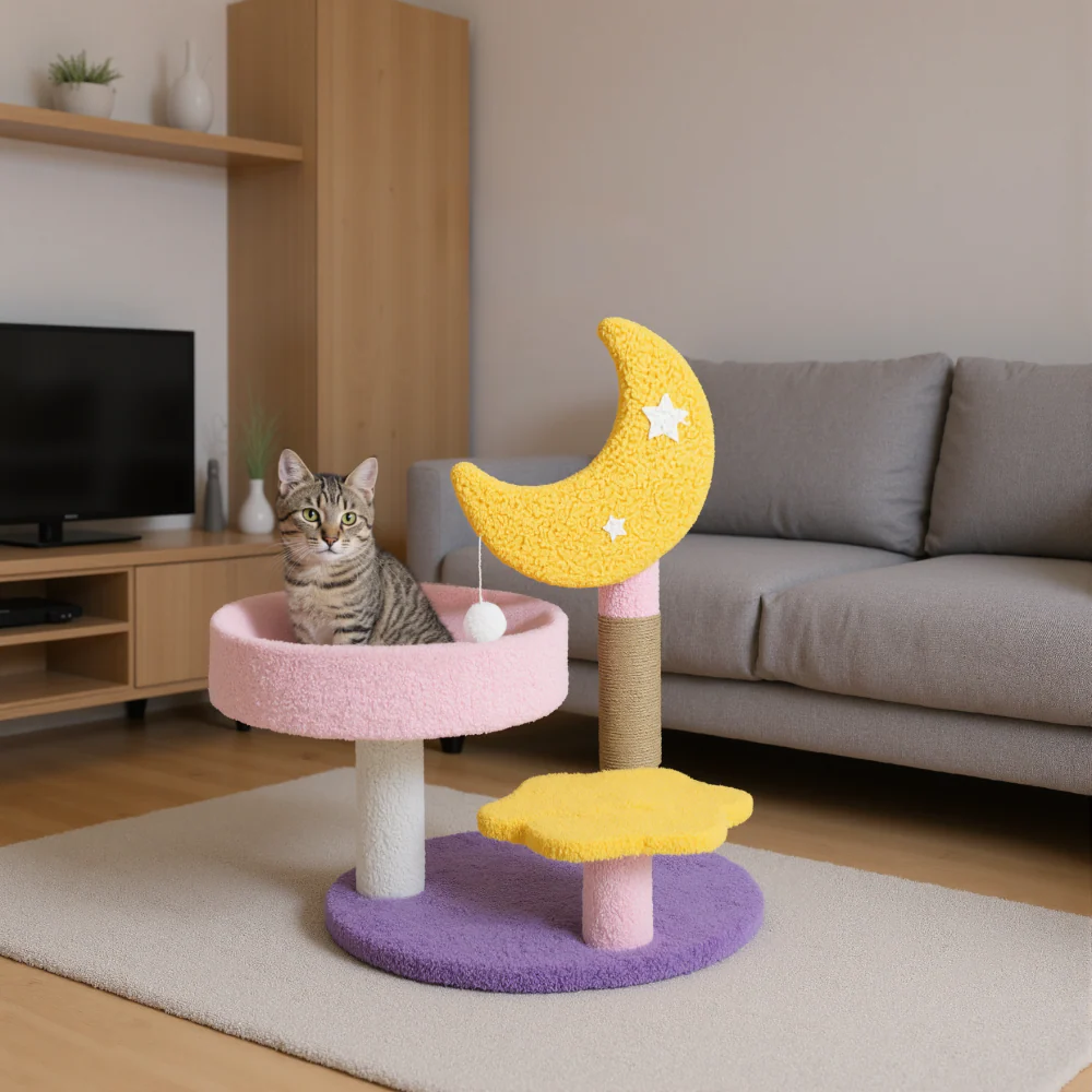 FurryLiving Tsuki Moon Themed Cat Tree 3 Tier Cat and Kitten Scratching Post and Hanging Toy for Cats - Image 2