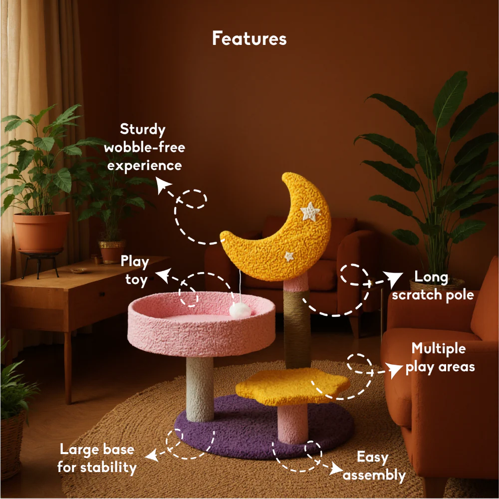FurryLiving Tsuki Moon Themed Cat Tree 3 Tier Cat and Kitten Scratching Post and Hanging Toy for Cats - Image 3