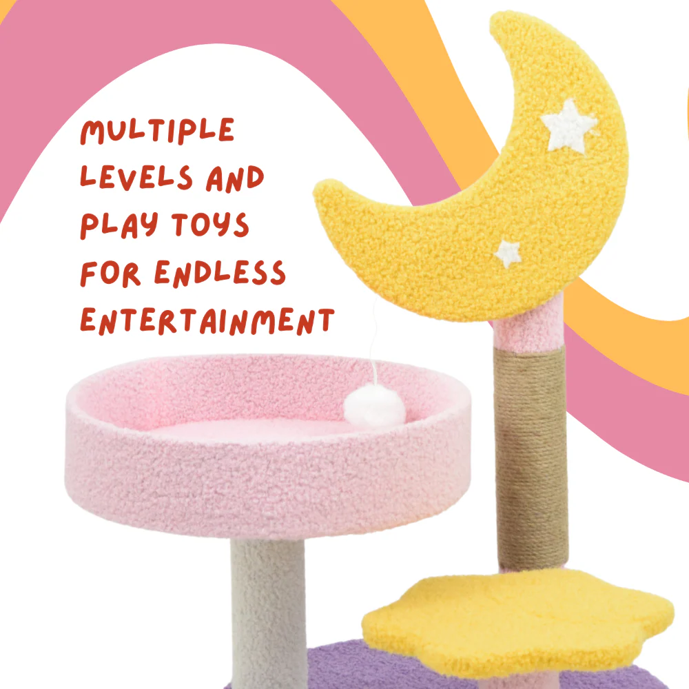FurryLiving Tsuki Moon Themed Cat Tree 3 Tier Cat and Kitten Scratching Post and Hanging Toy for Cats - Image 4