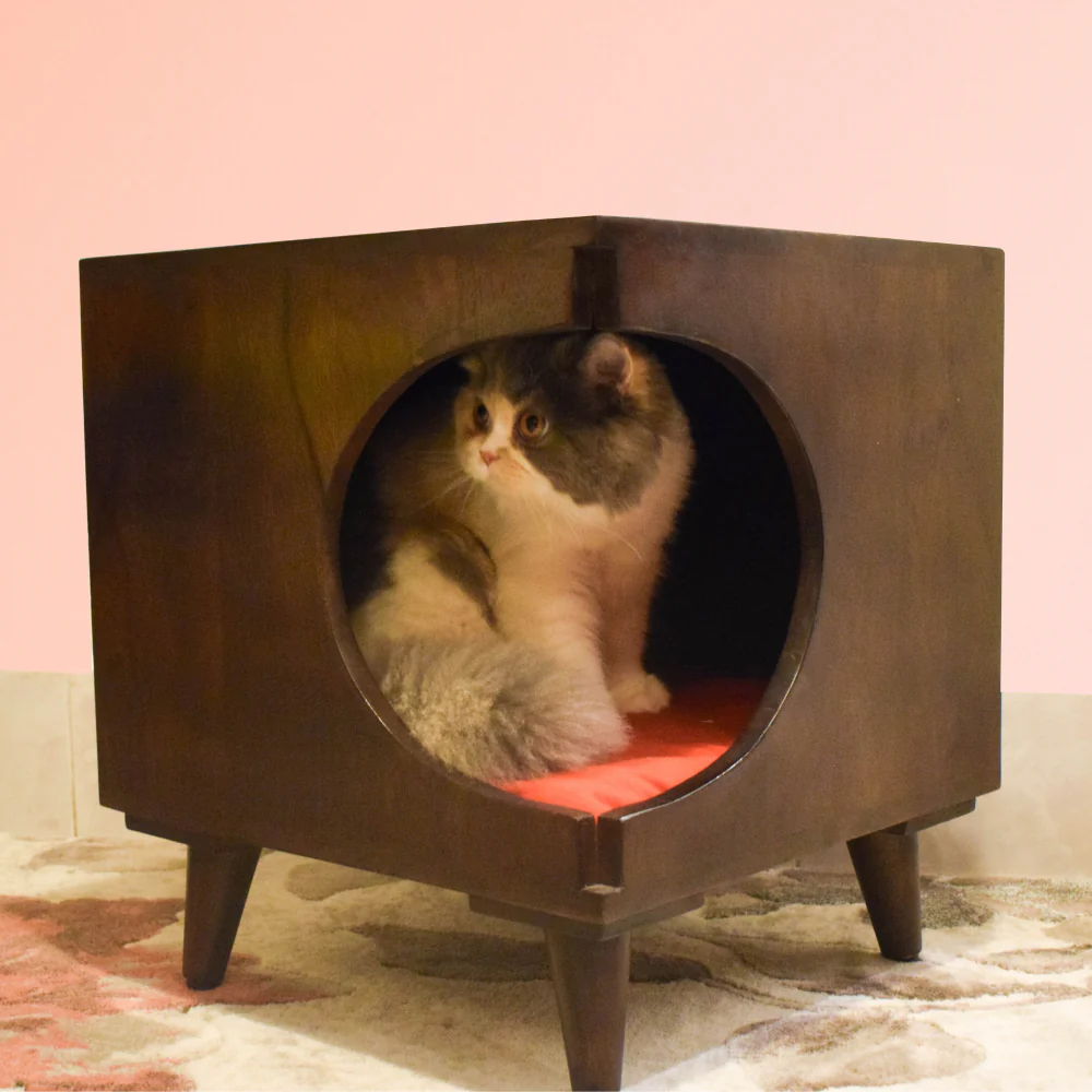 FurryLiving Wally Side Table with Cushion for Small Dogs and Cats (Dark Brown/Red Cushion) - Image 2