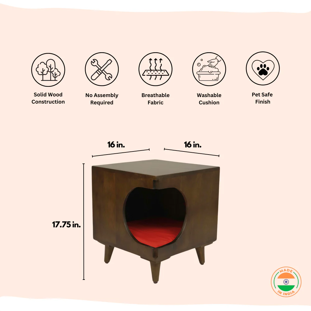 FurryLiving Wally Side Table with Cushion for Small Dogs and Cats (Dark Brown/Red Cushion) - Image 3