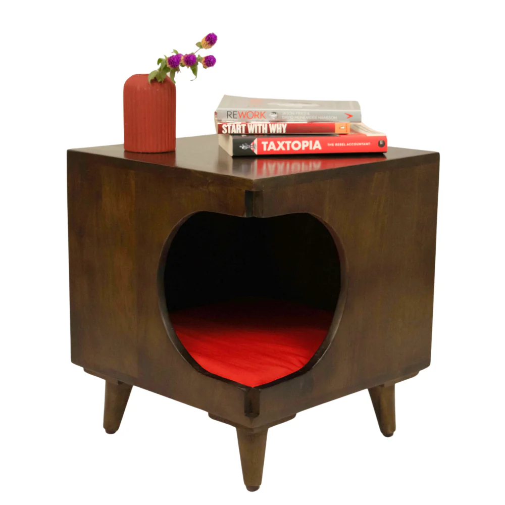 FurryLiving Wally Side Table with Cushion for Small Dogs and Cats (Dark Brown/Red Cushion) - Image 4