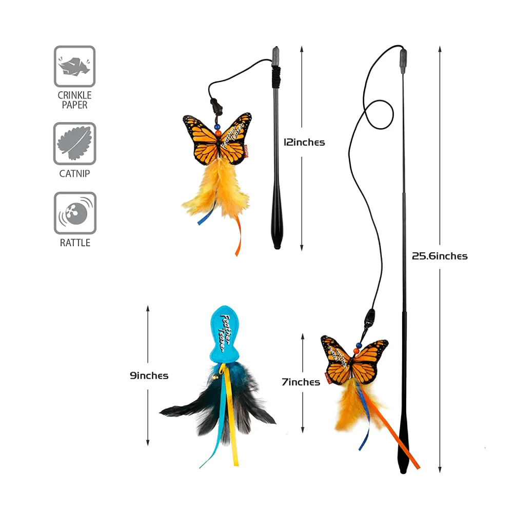 Gigwi FishYellow Butterfly with Flexible Rod Crinkle Paper Catnip and Bell Feather Teaser for Cats - Image 2