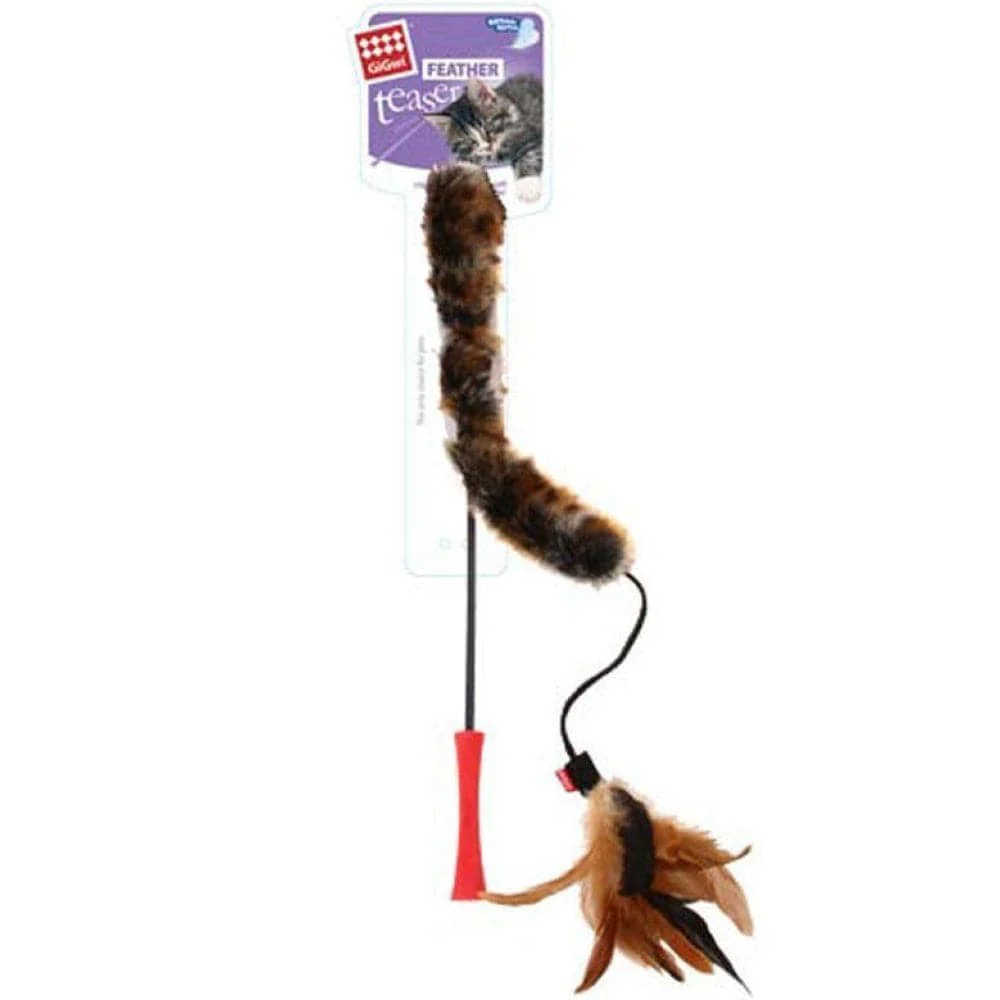 GiGwi Feather Teaser Catwand with Natural Feather Plush Tail & TPR Handle Toy for Cats (Red/Natural) - Image 2