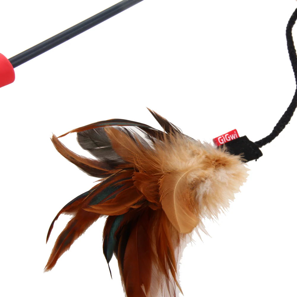 GiGwi Feather Teaser Catwand with Natural Feather Plush Tail & TPR Handle Toy for Cats (Red/Natural) - Image 5