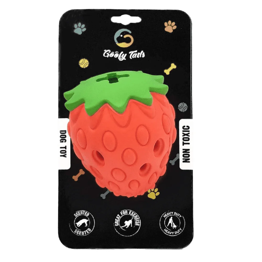 Goofy Tails Dumbbell Treat Dispensing Interactive Toys and Strawberry shaped Natural Rubber Chew Toy for Dogs Combo - Image 3