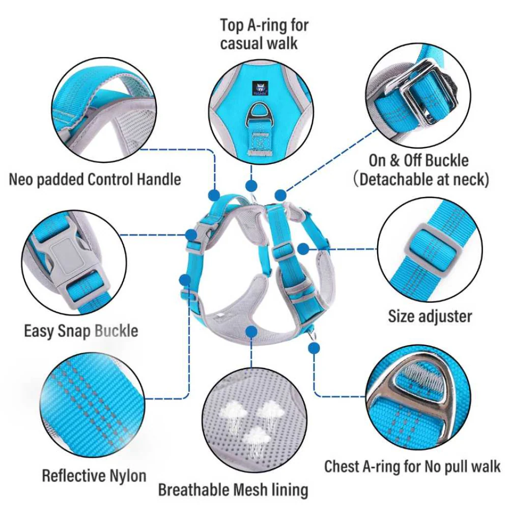 Hank 3M Reflective Harness for Puller Dogs (Grey/Cyan Blue) - Image 3