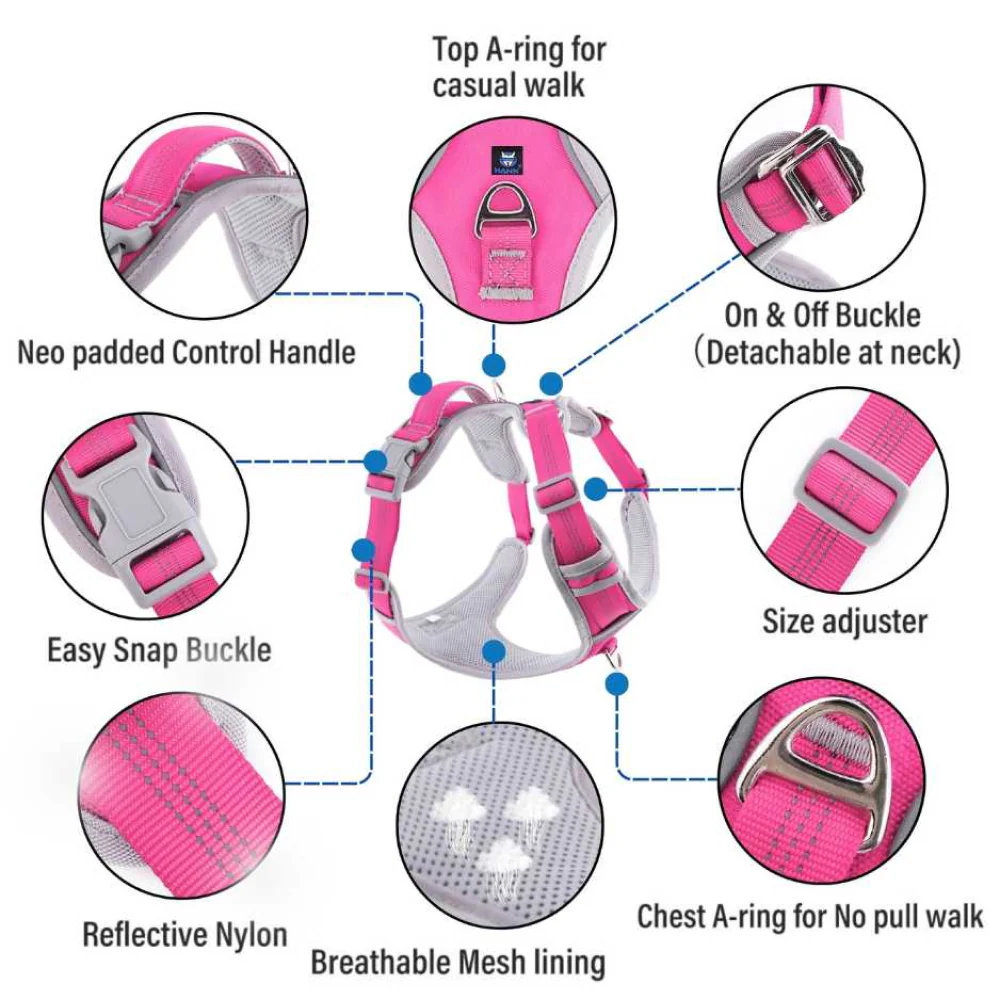 Hank 3M Reflective Harness for Puller Dogs (Grey/Pink) - Image 3
