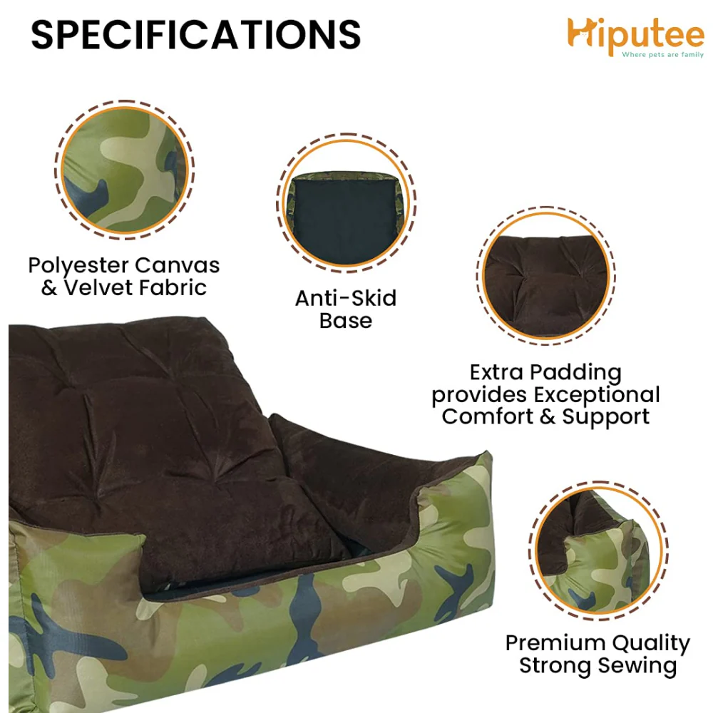 Hiputee Polyester Canvas Velvet Fabric Rectangular Bed for Dogs and Cats (Armyprint) - Image 5