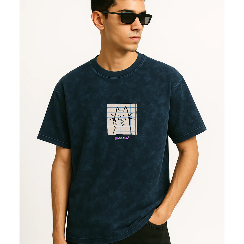 Hoomans Cat Fingers Acid Wash T-shirt for Men and Women (Navy Blue) - Image 3