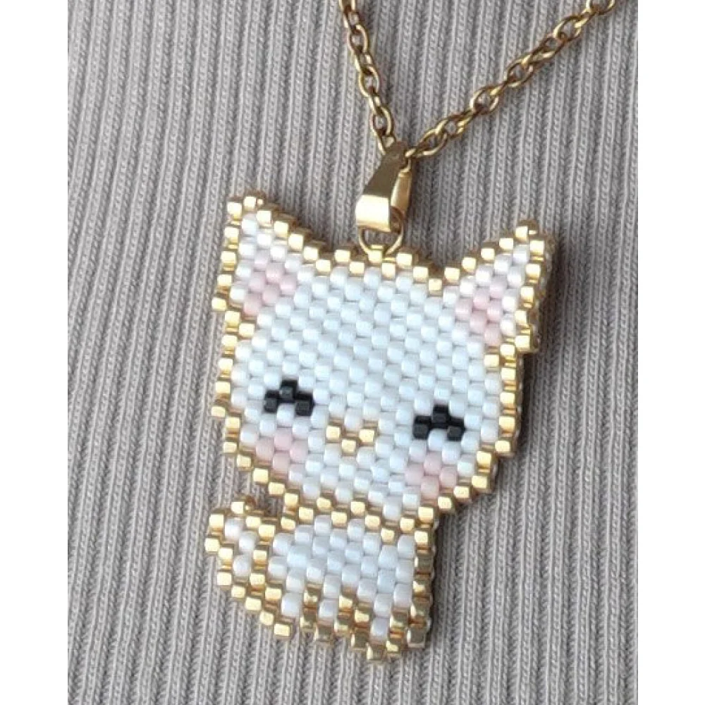 Jenni & Janki Cat Handcrafted Miyuki Delica Beaded Necklace (White) - Image 2