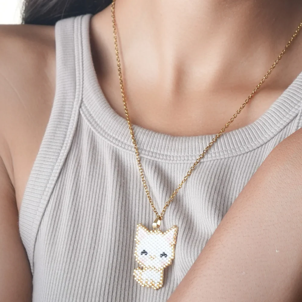 Jenni & Janki Cat Handcrafted Miyuki Delica Beaded Necklace (White) - Image 3