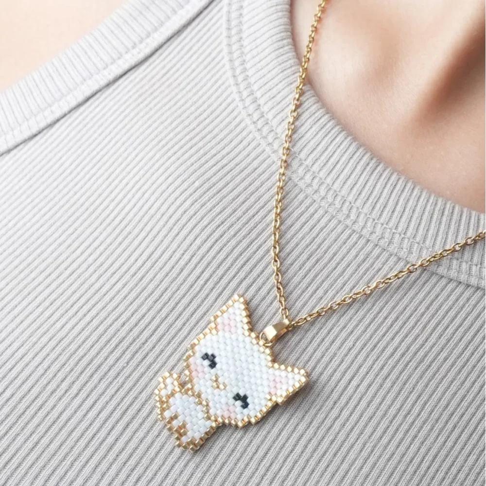 Jenni & Janki Cat Handcrafted Miyuki Delica Beaded Necklace (White) - Image 4