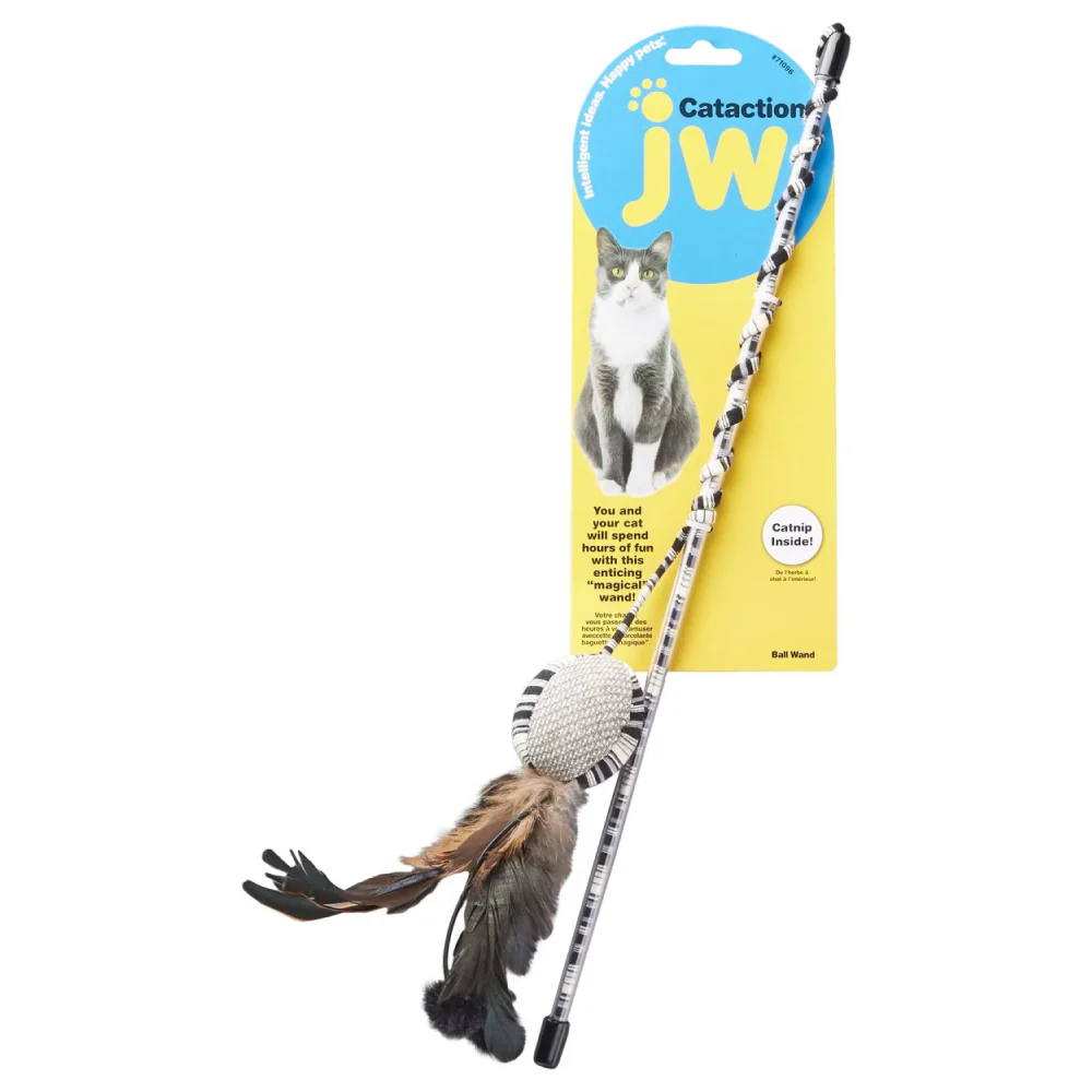 JW Cataction Ball with Catnip and Wand Toy for Cats (Black/White) - Image 3
