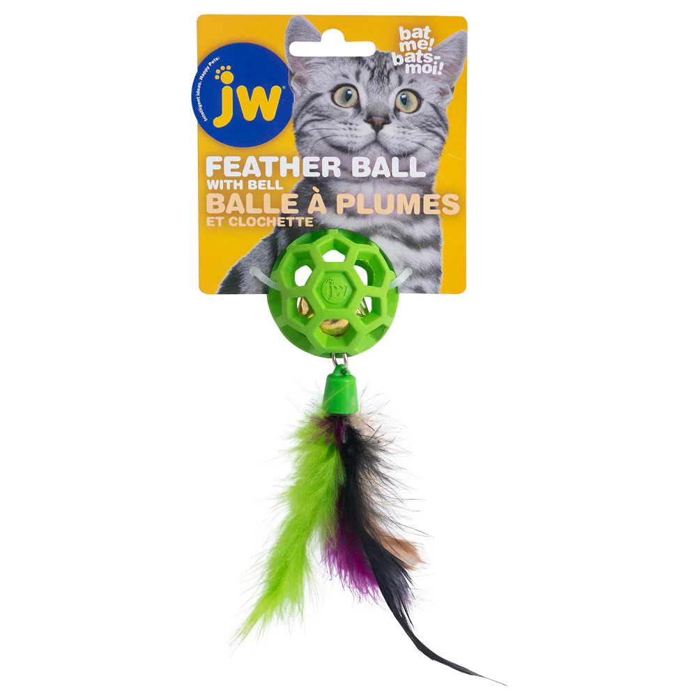 JW Cataction Feather Ball with Bell Toy for Cats (Green) - Image 4