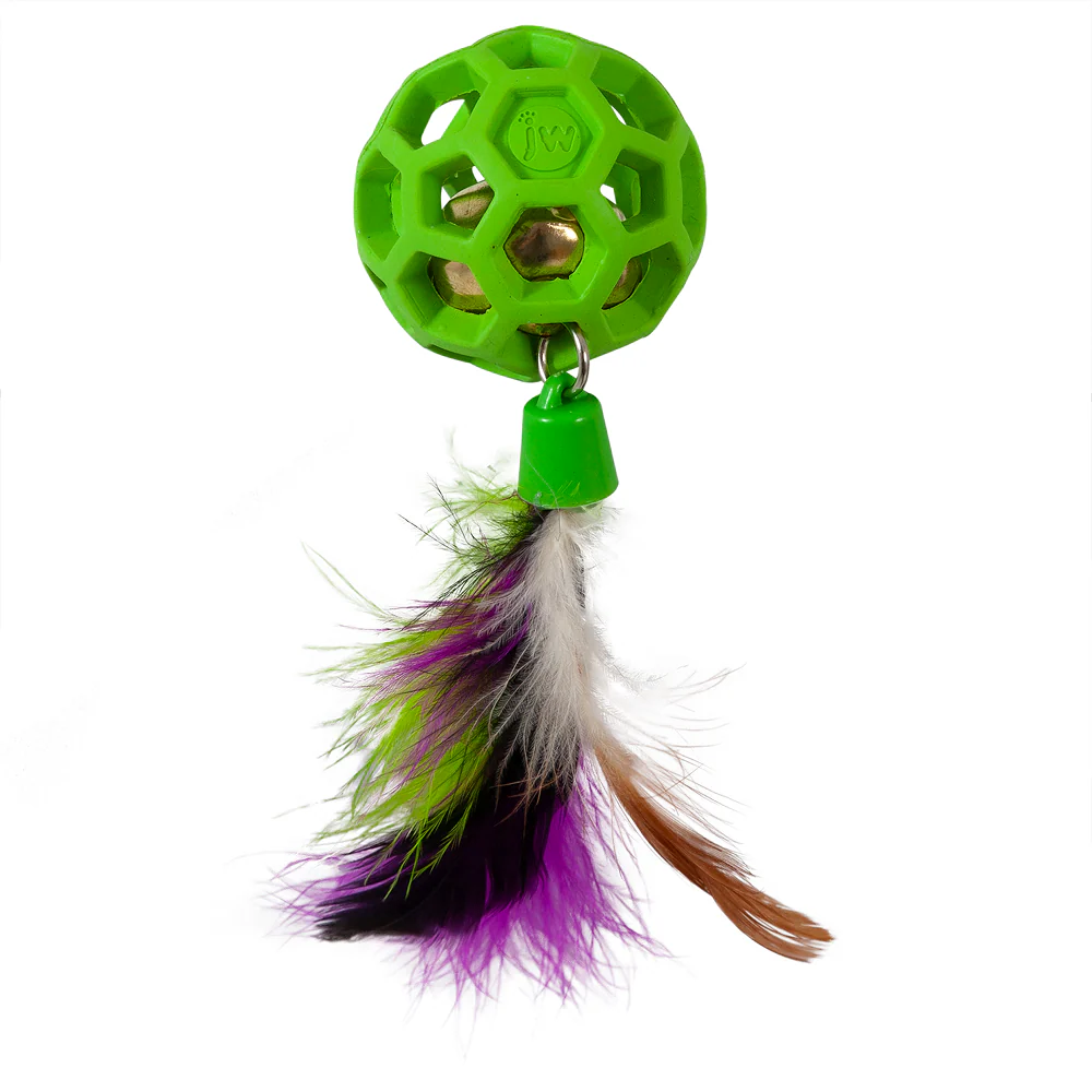 JW Cataction Feather Ball with Bell Toy for Cats (Green) - Image 5
