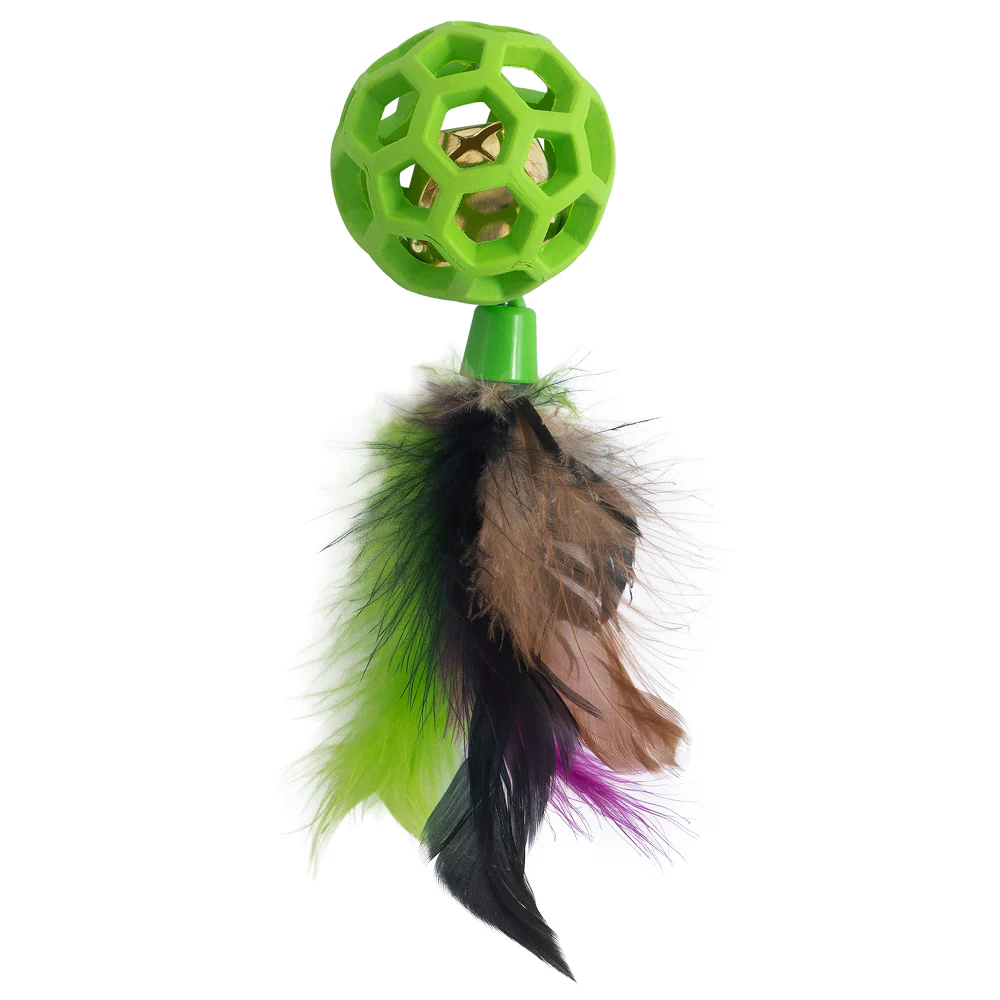 JW Cataction Feather Ball with Bell Toy for Cats (Green) - Image 6