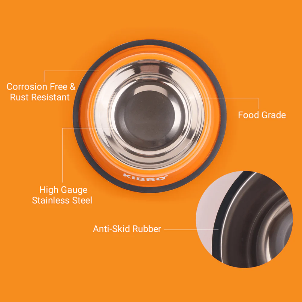 Kibbo Anti Skid Stainless Steel Bowl for Dogs and Cats (Orange) - Image 2